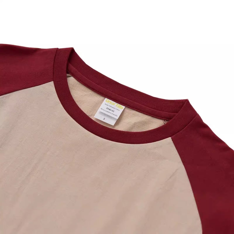 230G Raglan Seven-Point Sleeve T-Shirt Cotton Khaji Retro Oblique Shoulder Color Matching Curved Hem Two Needle Oversize - Image 5